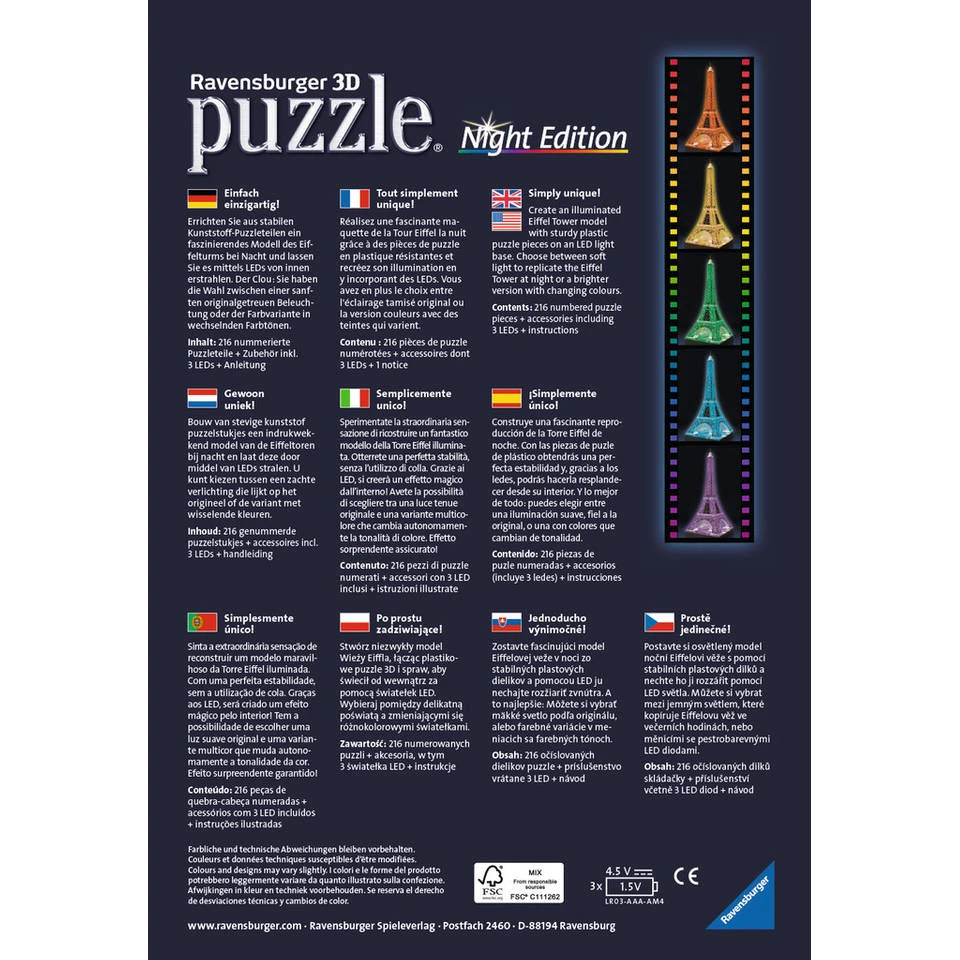 Ravensburger 3D-puzzel Eiffeltoren Night Edition - 216 Stukjes 4 Ravensburger 3D-puzzel Eiffeltoren Night Edition - 216 Stukjes - Afbeelding 4